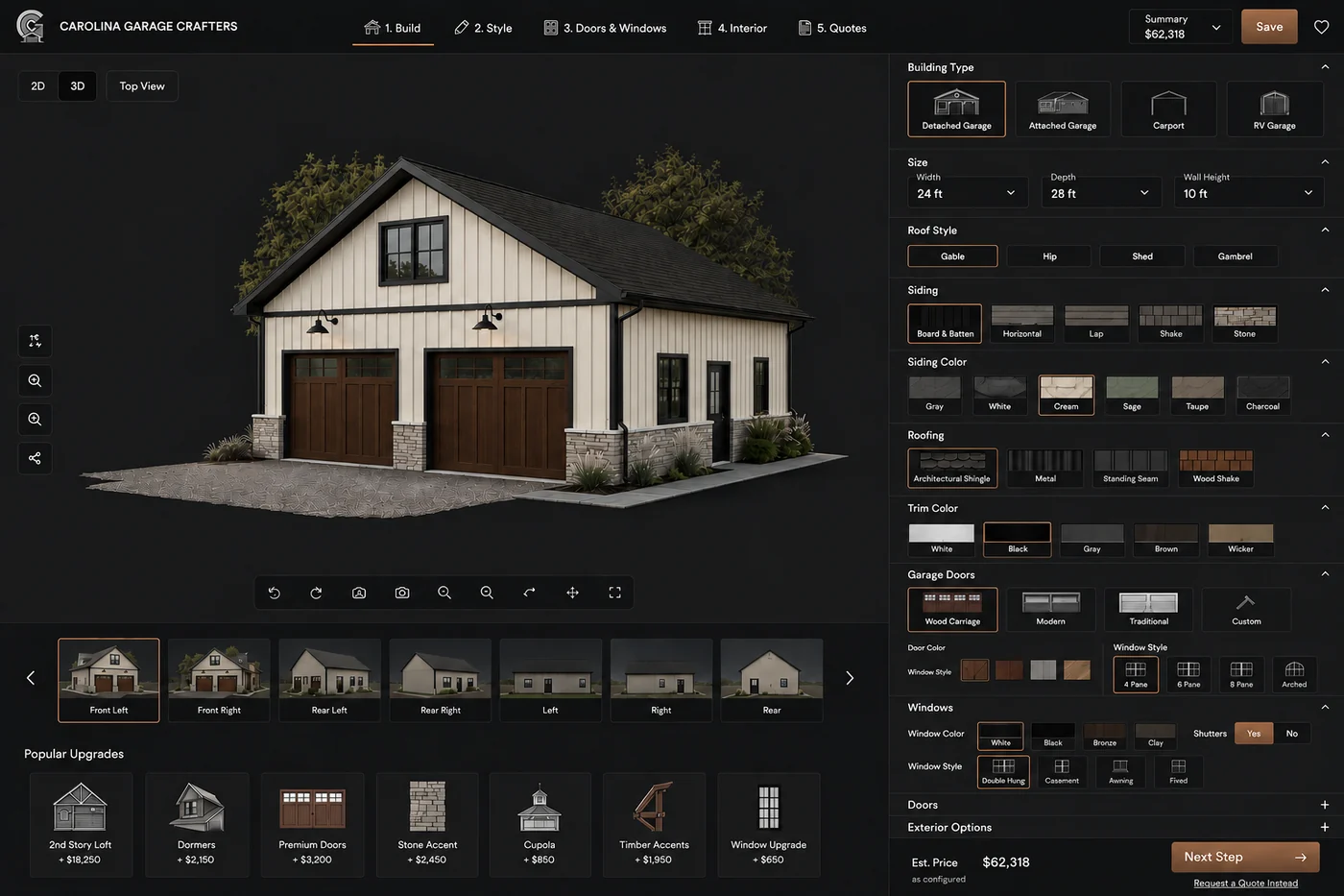 The configurator in use: a two-bay detached garage rendered in 3D with cream board and batten siding, wood carriage doors and stone bases, beside panels for building type, size, roof style, siding colour, doors and windows, with an estimated price of $62,318 updating as options change.