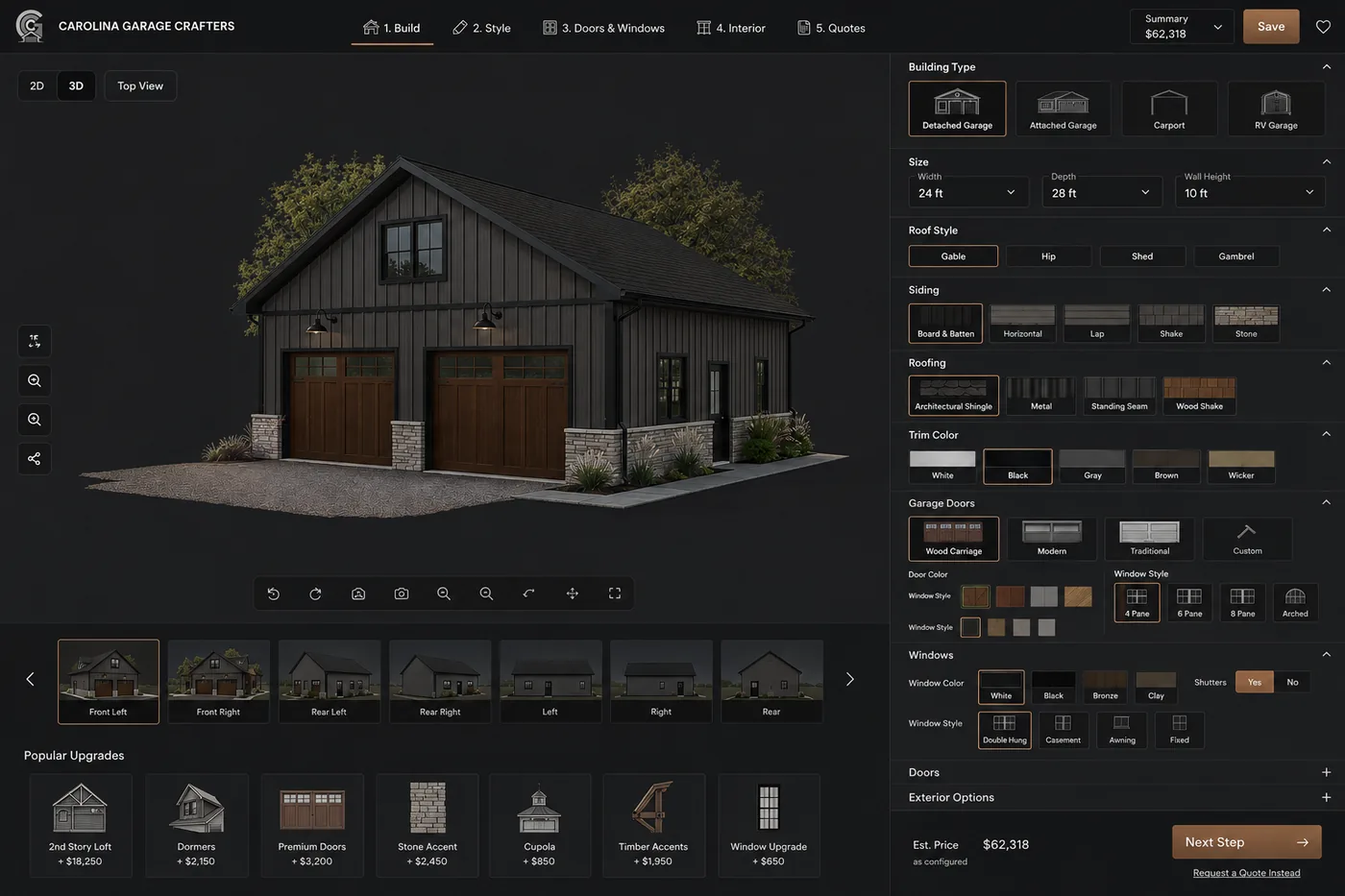 The configurator in use: a two-bay detached garage rendered in 3D with board and batten siding, wood carriage doors and stone bases, beside panels for building type, size, roof style, siding, doors and windows, with an estimated price of $62,318 updating as options change.