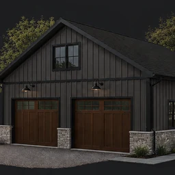 A two-bay garage as configured on screen: board and batten siding, wood carriage doors, stone bases and gooseneck lights.