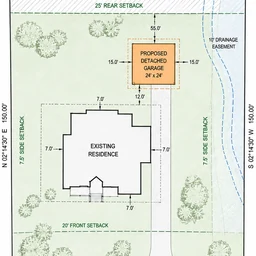 Site plan for an example lot: property lines, shaded buildable area, dashed setback lines, the existing house and a proposed detached garage.