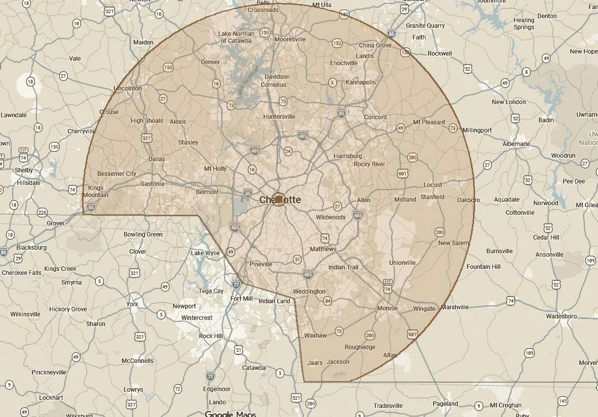 Map of the Charlotte region. A shaded area roughly 30 miles across
covers Charlotte and the North Carolina towns around it — Mooresville,
Concord, Kannapolis, Monroe, Gastonia, Lincolnton and Mount Pleasant
among them — and stops along the South Carolina state line.